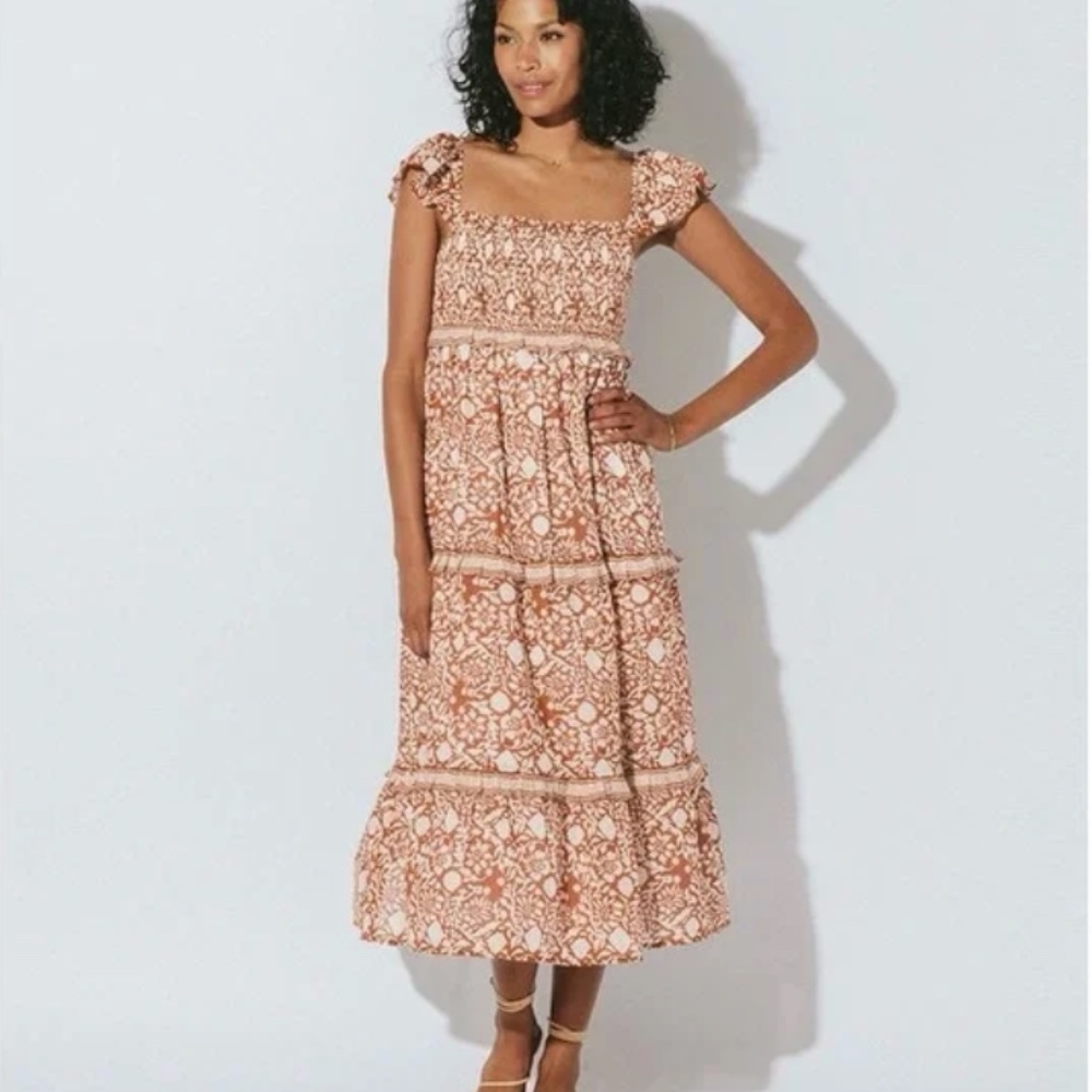Cleobella Frida Smocked Boho Midi Dress Organic Cotton Pockets Size L